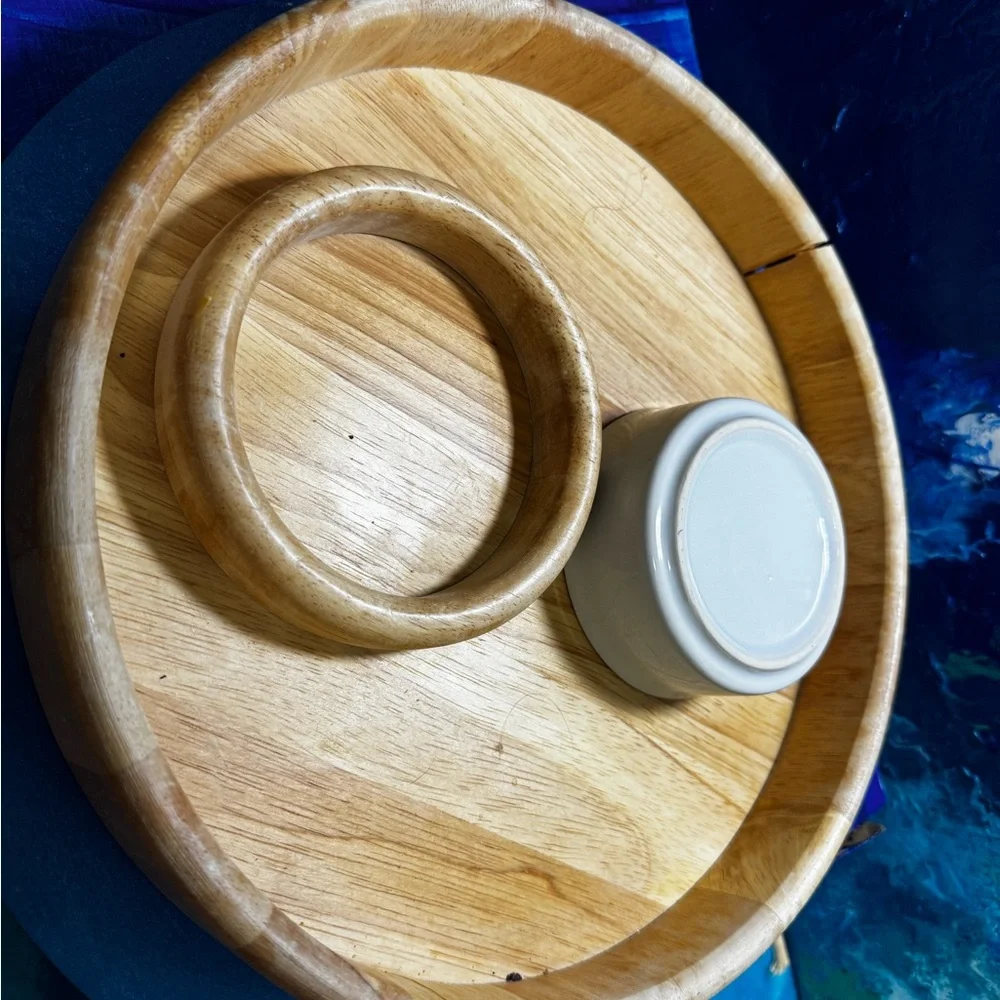 CRATE & BARREL TRAY- Wooden Serving Tray with Ceramic Bowl 12”